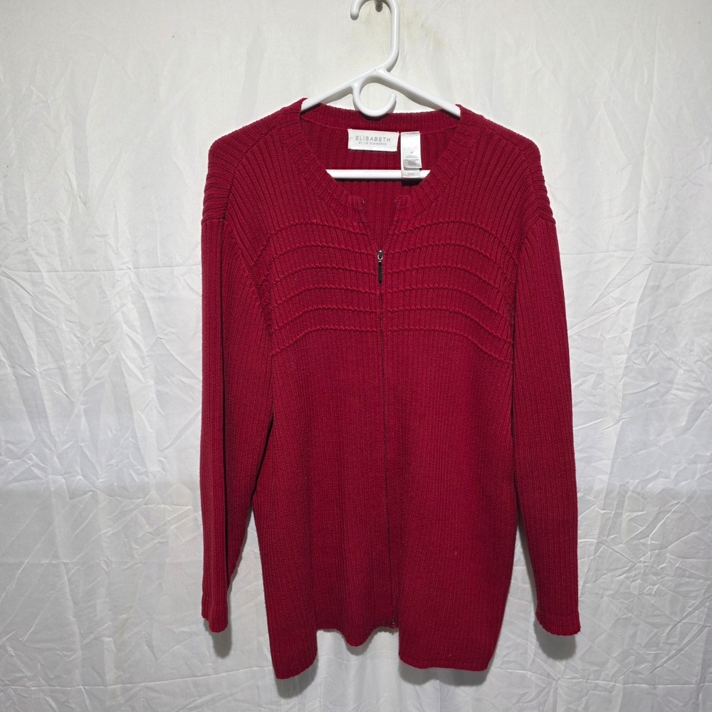 Elisabeth by Liz Claiborne Red Ribbed Full Zip Cotton Cardigan Sweater 1X